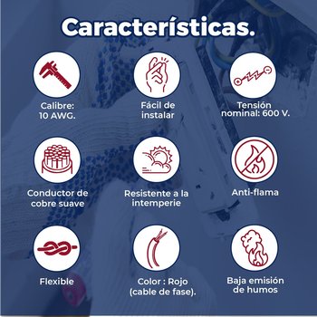 Cable Eléctrico Rojo Rollo de 100 M Calibre 10 THW-LS