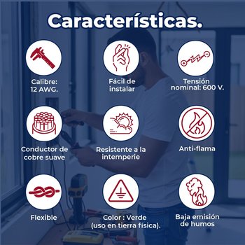 Cable Eléctrico Verde Rollo de 100 M Calibre 12 THW-LS