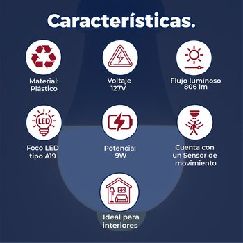 Foco LED Fotocelda Sensor Movimiento 9W Luz Cálida