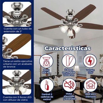 Ventilador Buider Plus 52 pulg Niquel Cepillado Hunter