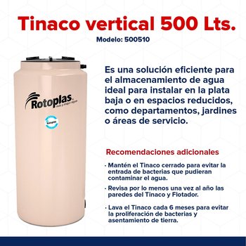 Tinaco vertical beige 500 lts c/herrajes y filtro 0.68x0.68x1.53
