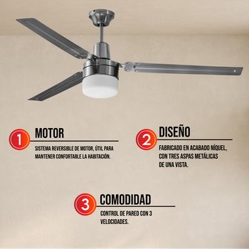 Ventilador De Techo Industrial Torbellino Níquel 54" Con Luz