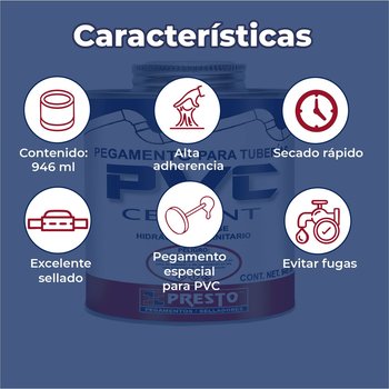 Pegamento PVC Presto 946 ml Para Tuberías