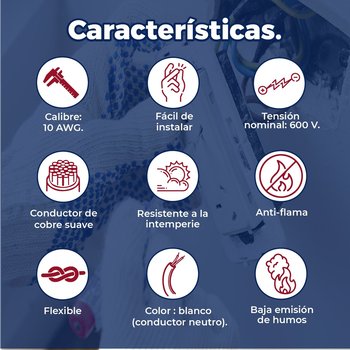 Cable Eléctrico Blanco Rollo de 100 M Calibre 10 THW-LS