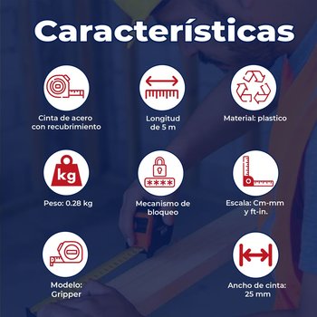 Cinta de Medir Truper Flexómetro Gripper Contra Impactos 5 MTS