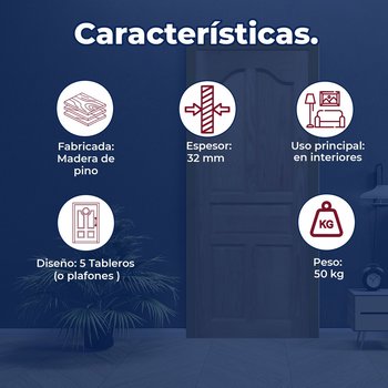 Puerta de Madera Pino Rústico Interior 91 x 213 cm 5 Tableros