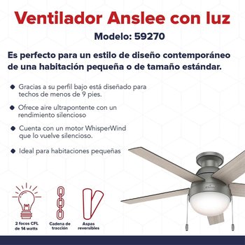 Ventilador Anslee LP Plata mate 46 pulg Hunter