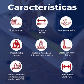 Cinta Medir Flexómetro AutoLock Contra Impactos 3 M 16 MM Truper