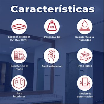 Panel Yeso Resistente a Humedad 1/2 pulg 1.22 x 2.44 m