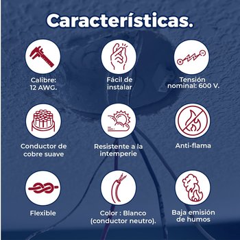 Cable Eléctrico Blanco Rollo de 100 M Calibre 12 THW-LS