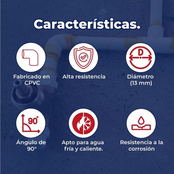Codo CPVC 90° 1/2” (13 mm) para instalaciones hidráulicas