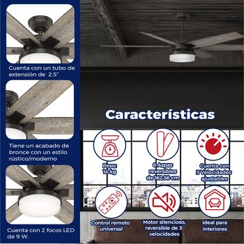 Ventilador De Techo Kaplan Bronce 64 Pulgadas Con Luz