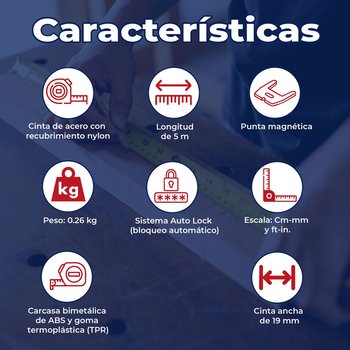 Cinta de Medir Flexómetro Auto-Lock 5 m cinta 19 mm Truper