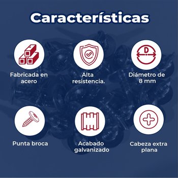 Tornillo Punta Broca Cabeza Extra Plana 8 mm x ½ pulg