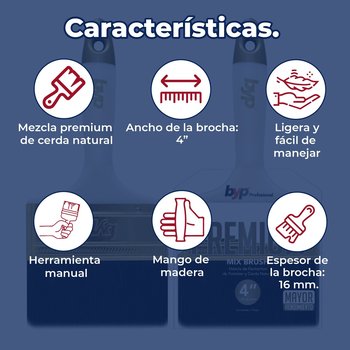 Brocha Premium de Cerda Natural y Poliéster BYP 4” Pulgadas