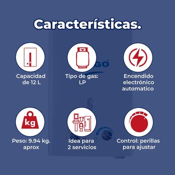 Calentador Paso 12 Lts Rugo Gas LP Incluye Kit de Instalación