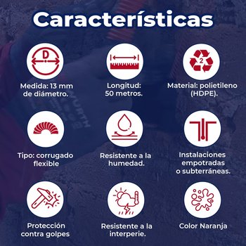 POLIDUCTO NARANJA FLEX CORRUG C/GUIA 13 MM 1/2 50 M