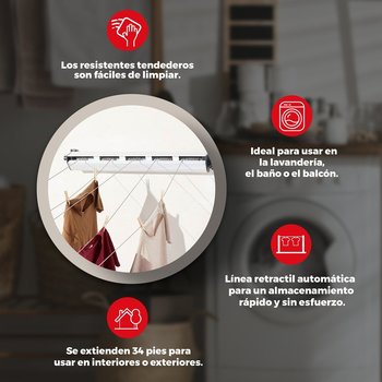 Tendedero De Ropa Retráctil Exterior 5 Líneas Acero 10 Mts