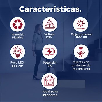 Foco LED Fotocelda Sensor Movimiento 9W Luz Fría