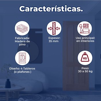 Puerta Madera Rústica Pino 91 x 213 cm para Interior 4 Tableros