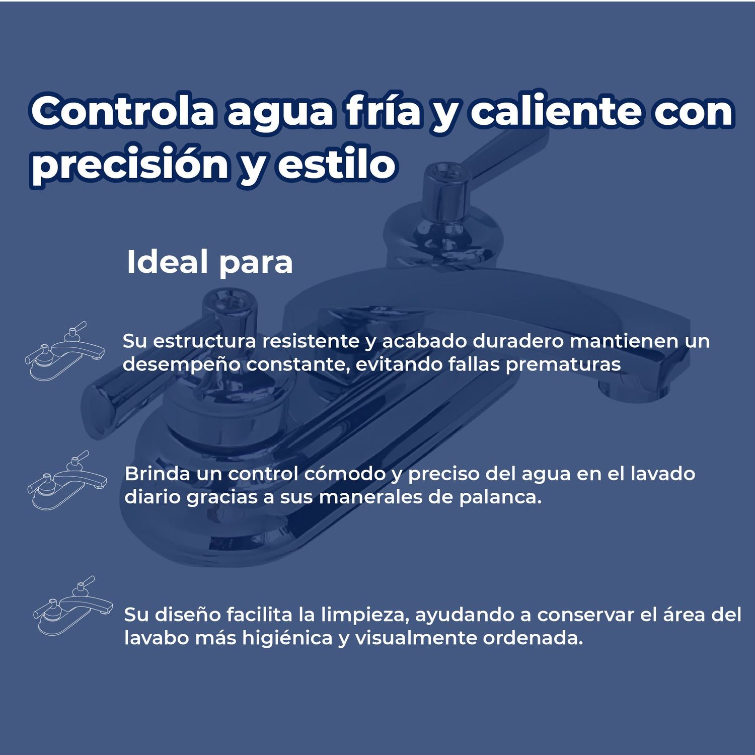 Llave Mezcladora para Lavabo 4” cierre de 90° Rugo Acabado Cromo