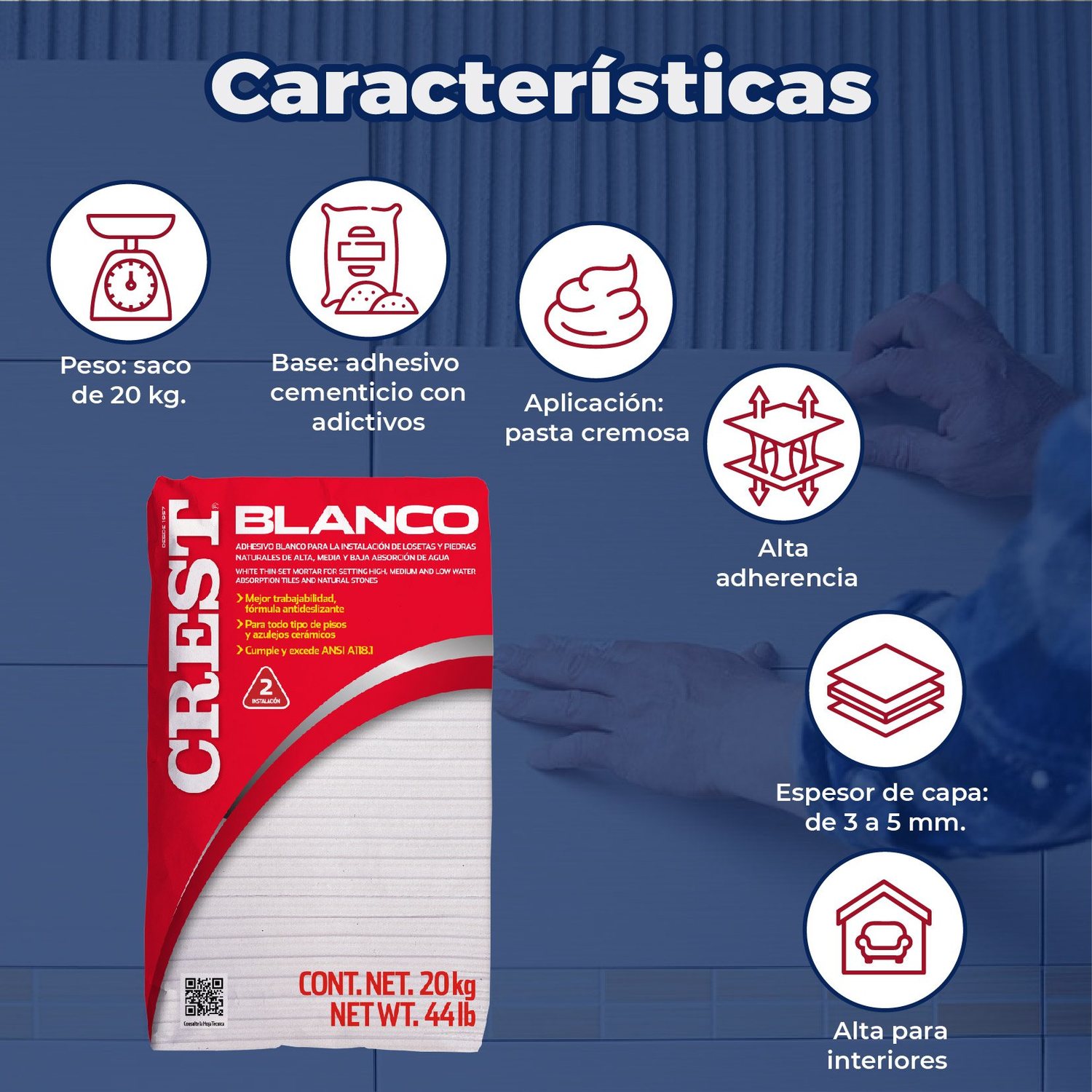 Adhesivo 20 kg Crest blanco para losetas y piedras naturales