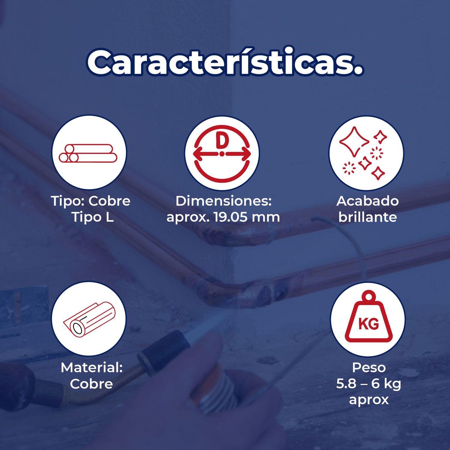 Tubo de Cobre Tipo L 19 mm (3/4") x 6.10 m Uso Hidráulico y Gas