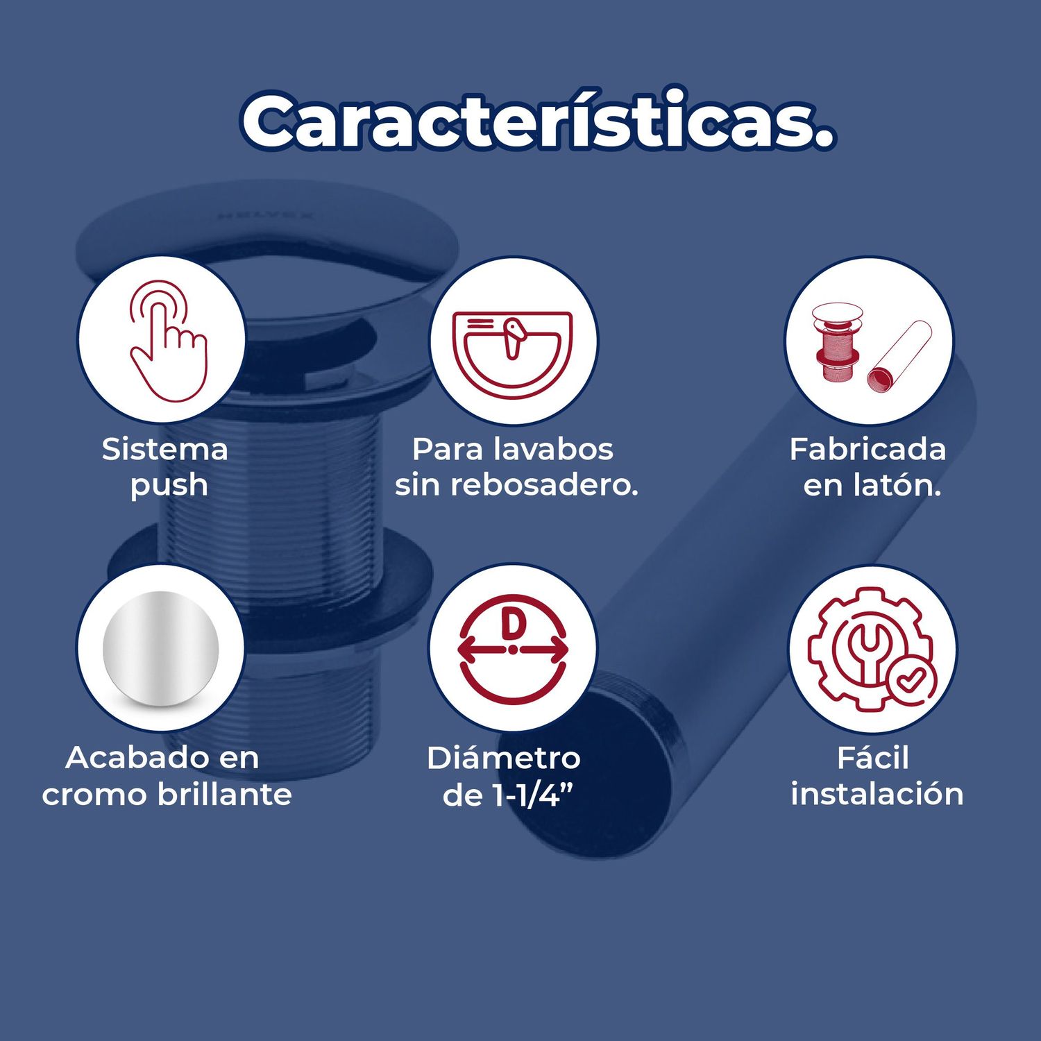 Contra de push para lavabo sin rebosadero Helvex TH-065