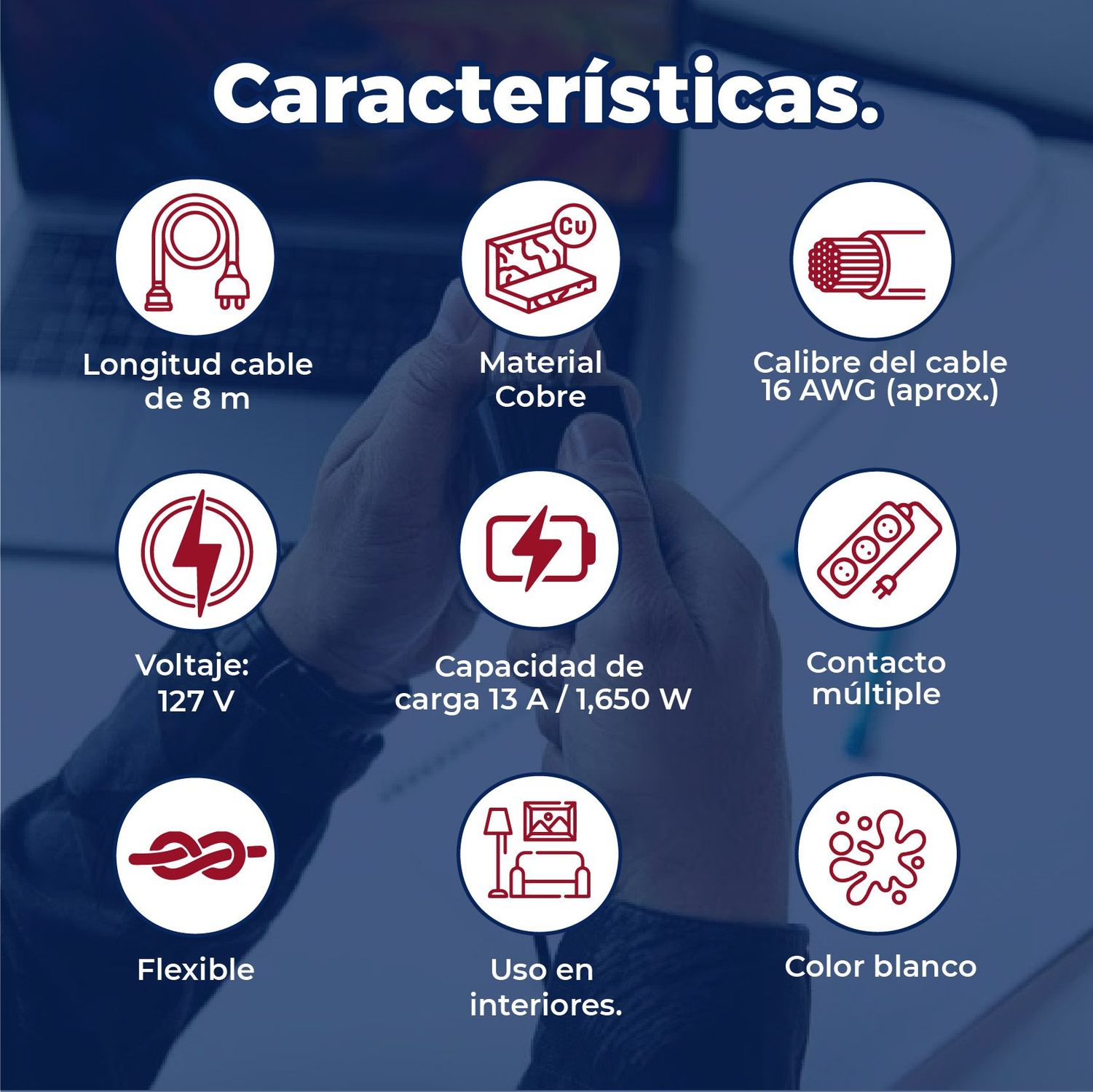 Extensión Eléctrica Doméstica marca Volteck 8 m Blanca