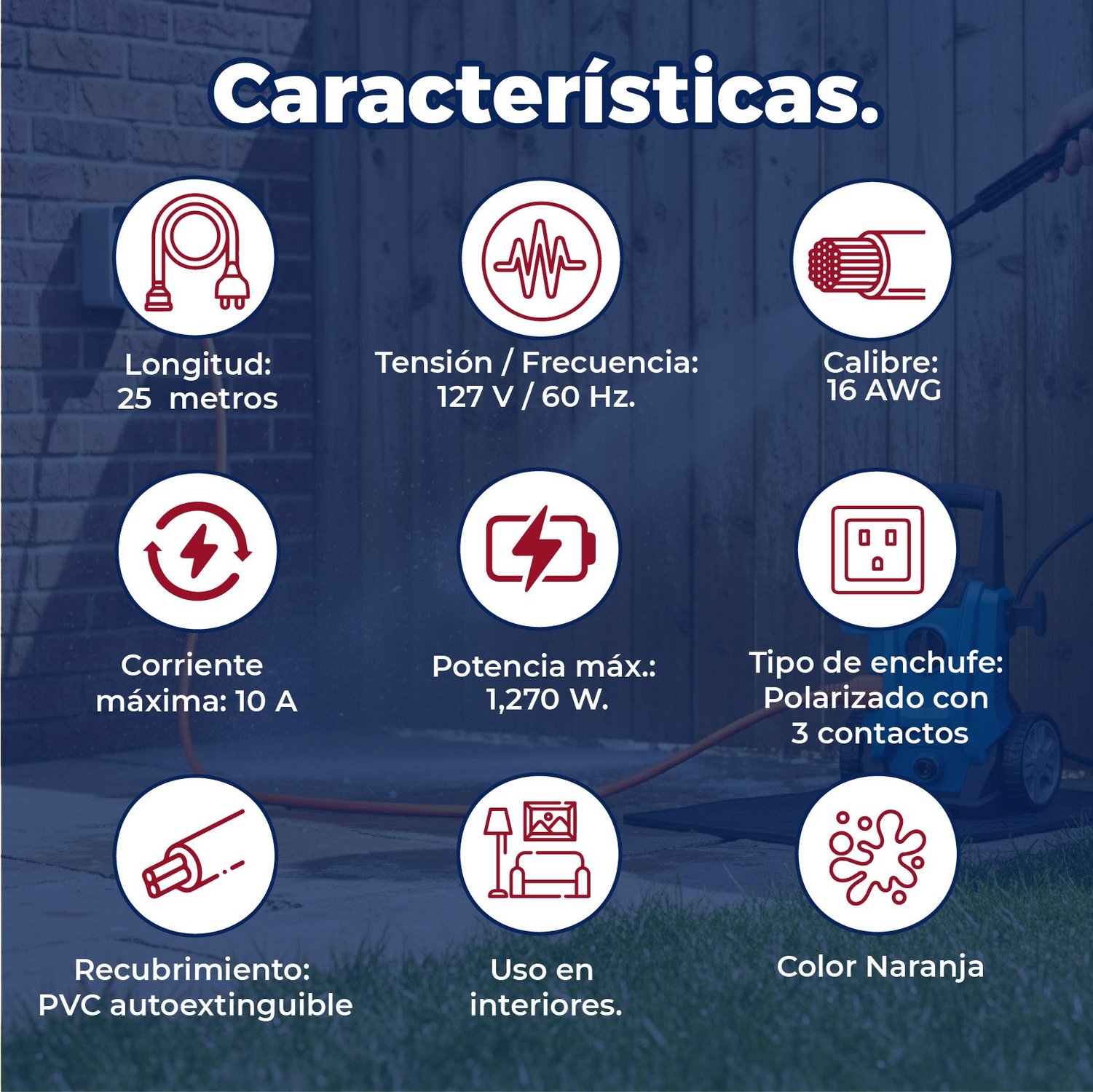 Extensión Eléctrica Uso Rudo Volteck 25 m Calibre 16 Naranja