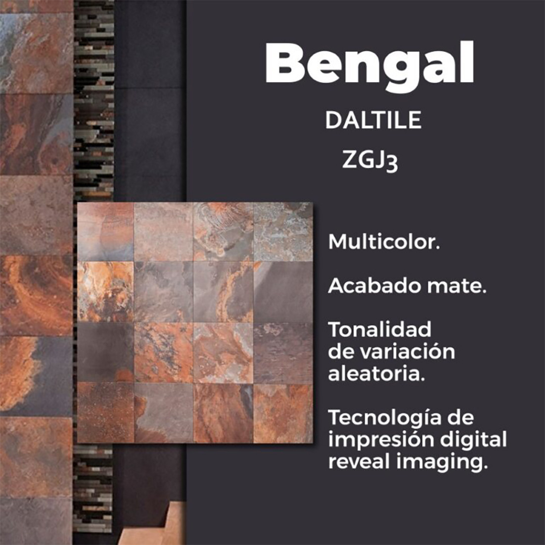 Piso Bengal Slate Daltile 45 x 45 cm Multicolor