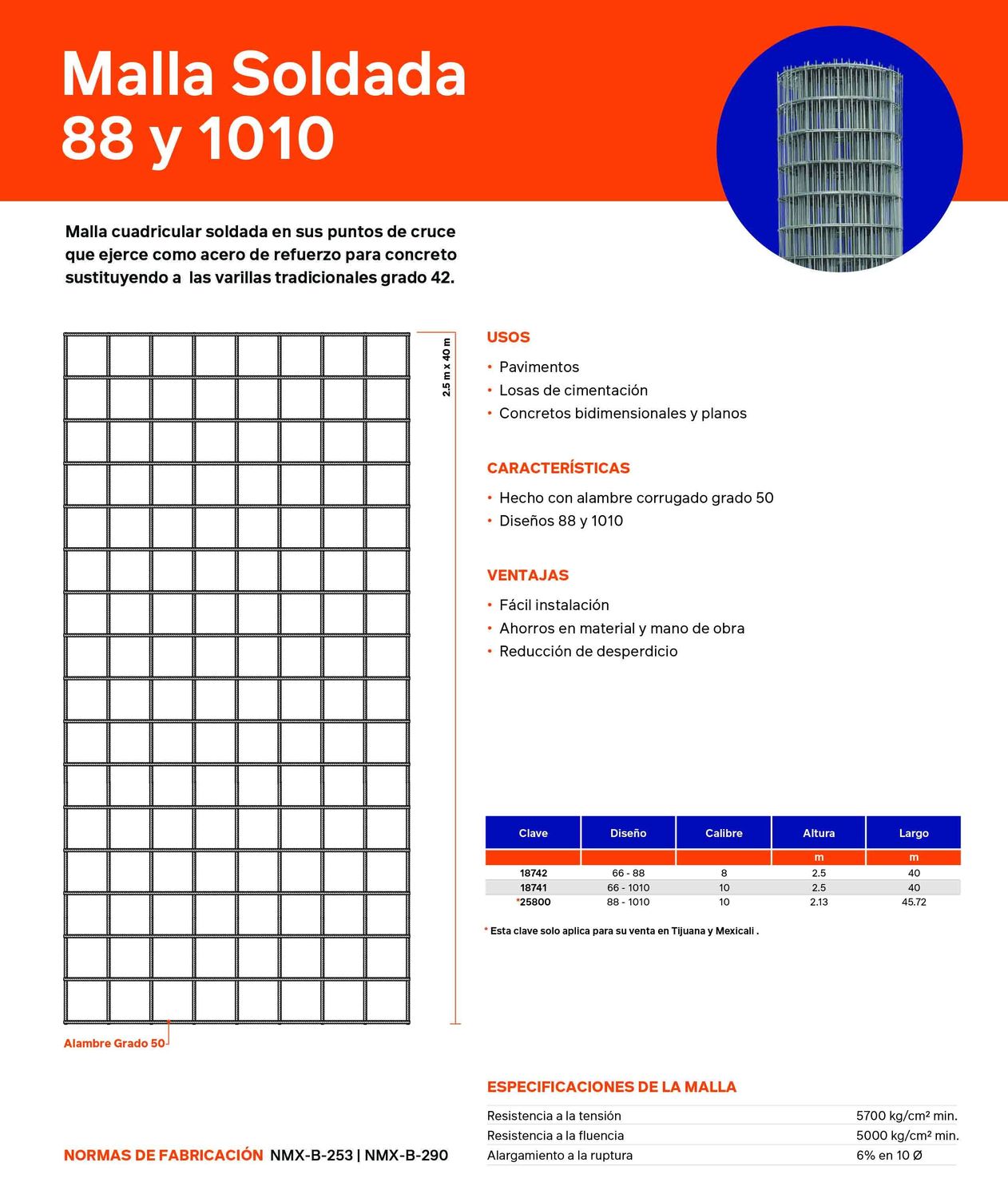 Malla Electrosoldada DeAcero 66-1010 2.5 x 40 ML 100 m2