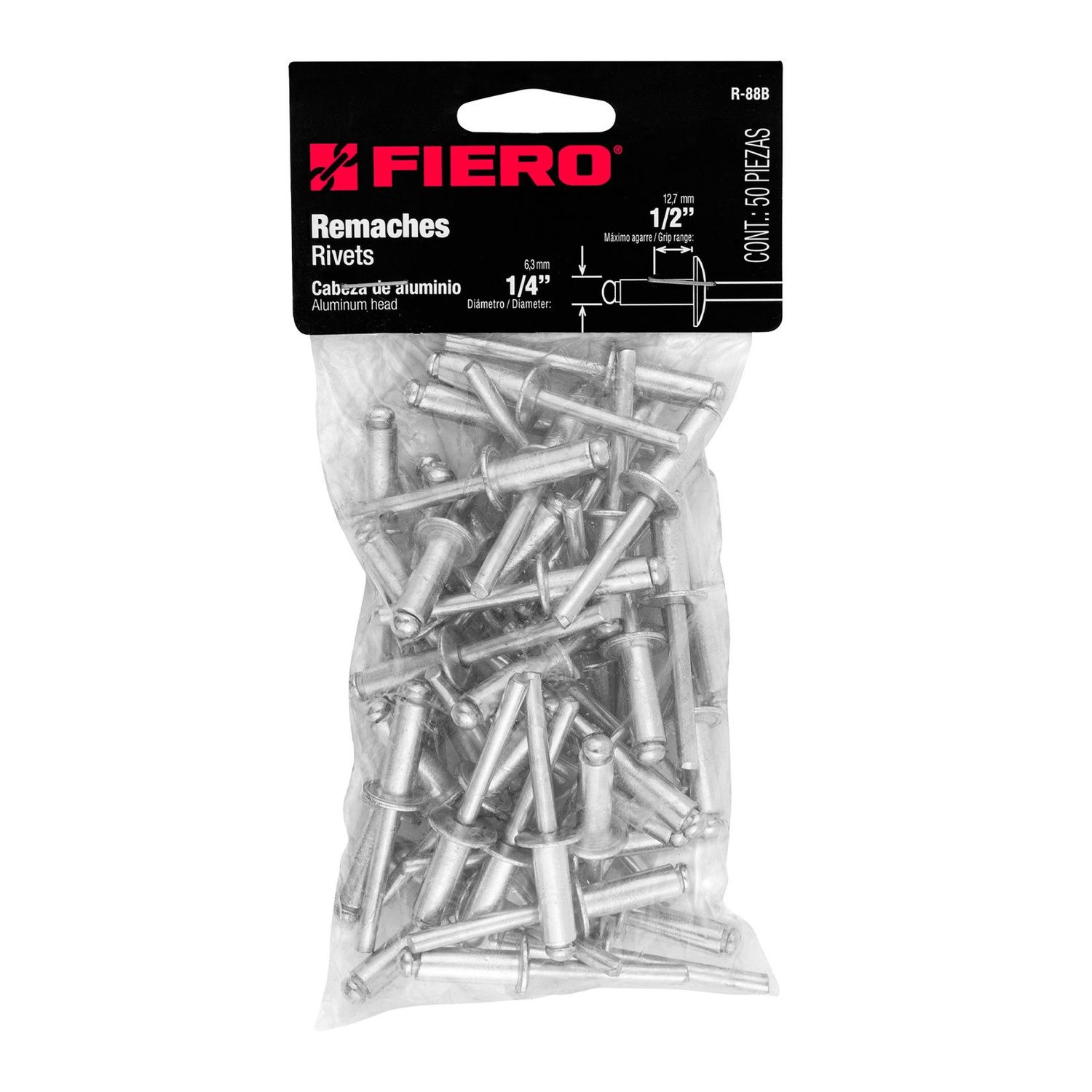 Remache Fiero diámetro 1/4 Agarre 1/2 pulg