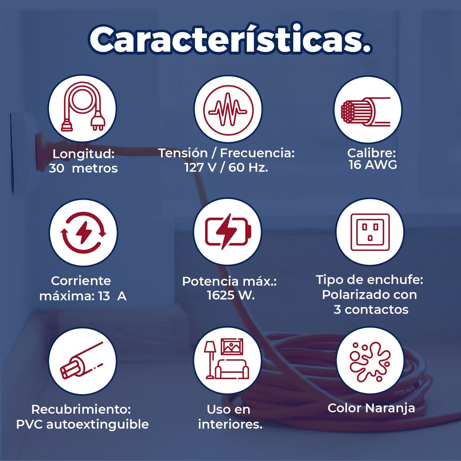 Extensión Eléctrica Volteck Naranja 30 m