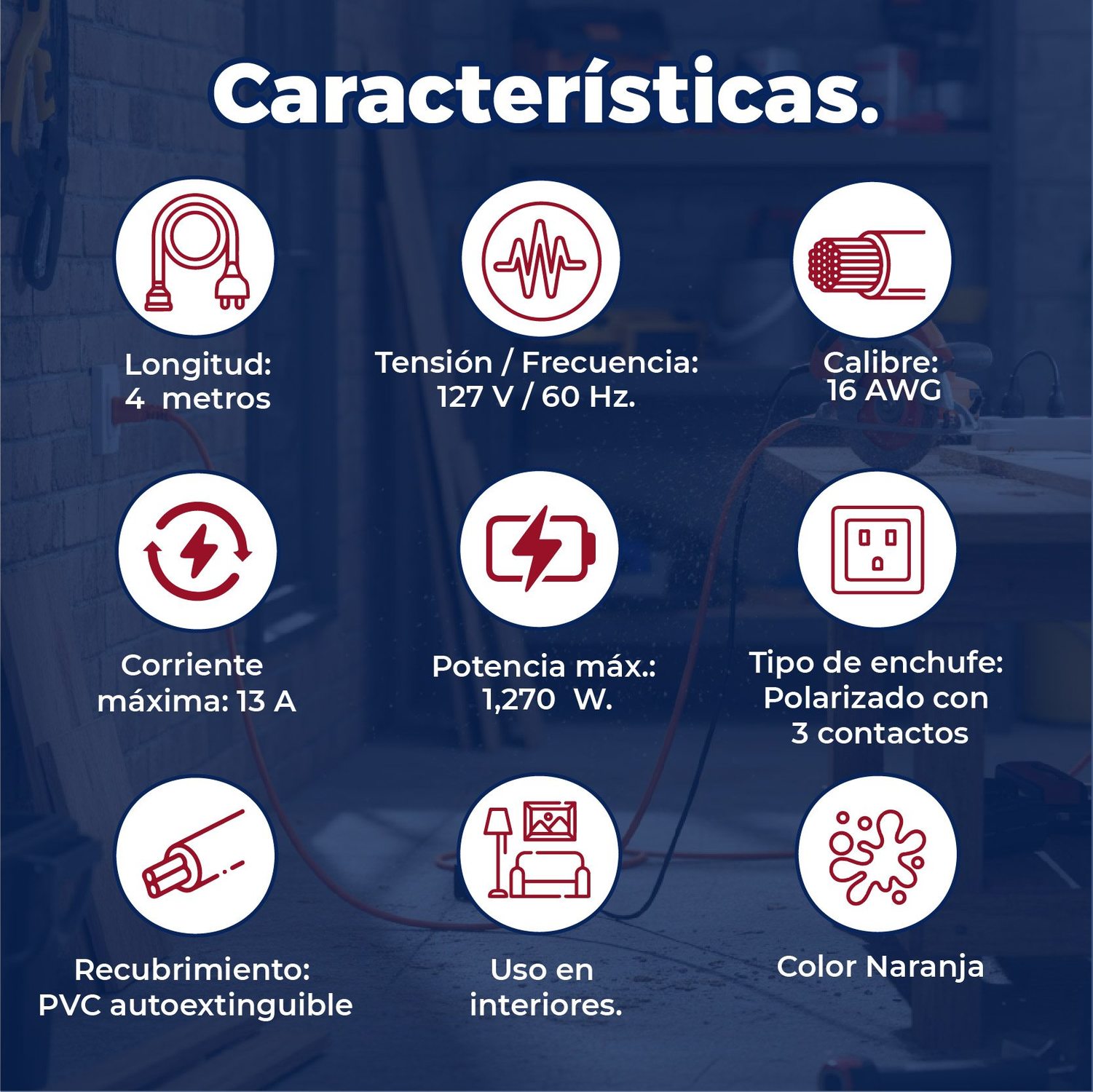 Extensión Eléctrica Volteck Naranja 4 m