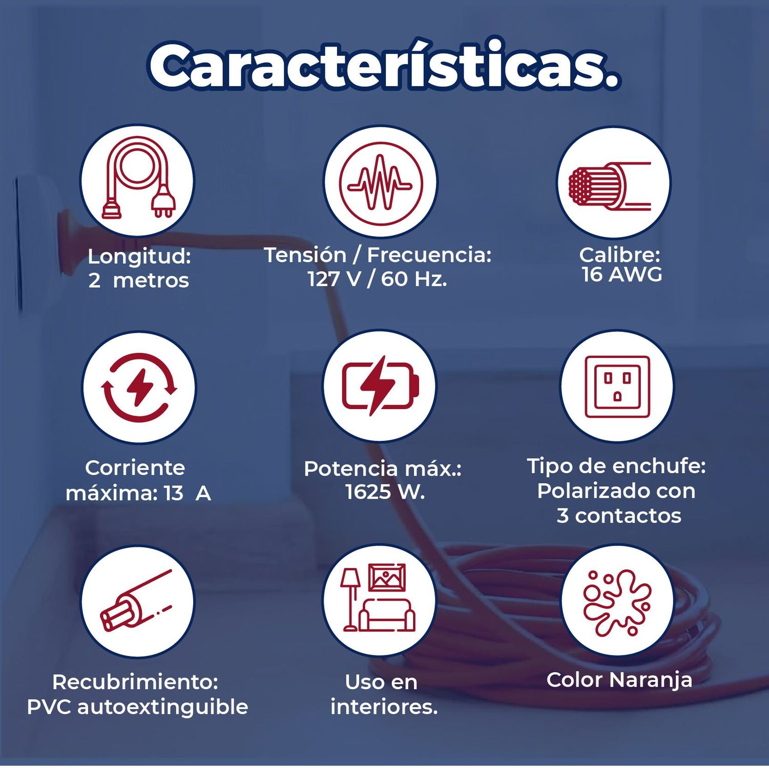 Extensión Eléctrica Volteck Naranja 2 m