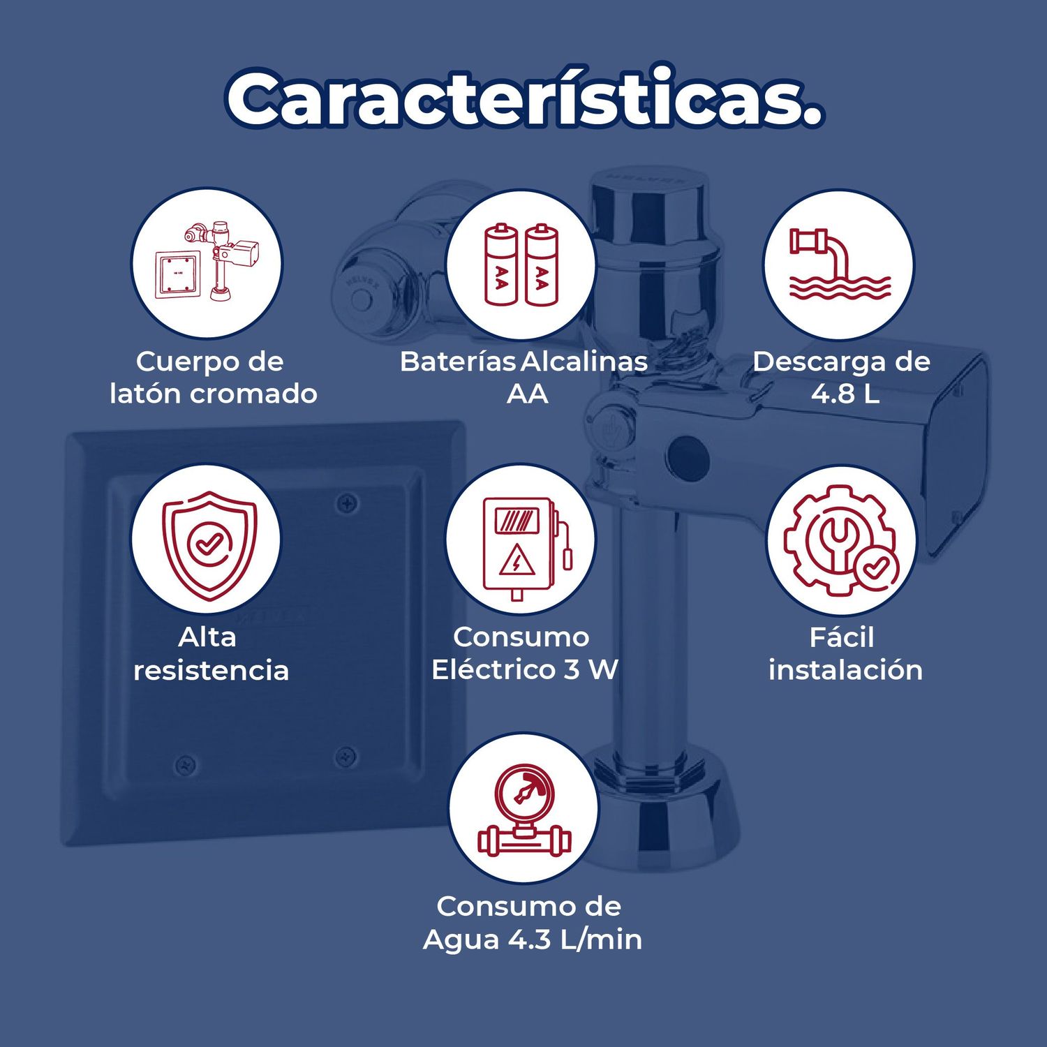 Fluxómetro Electrónico 4.8 L WC Helvex 110 Cromo FC-110-WC-4.8