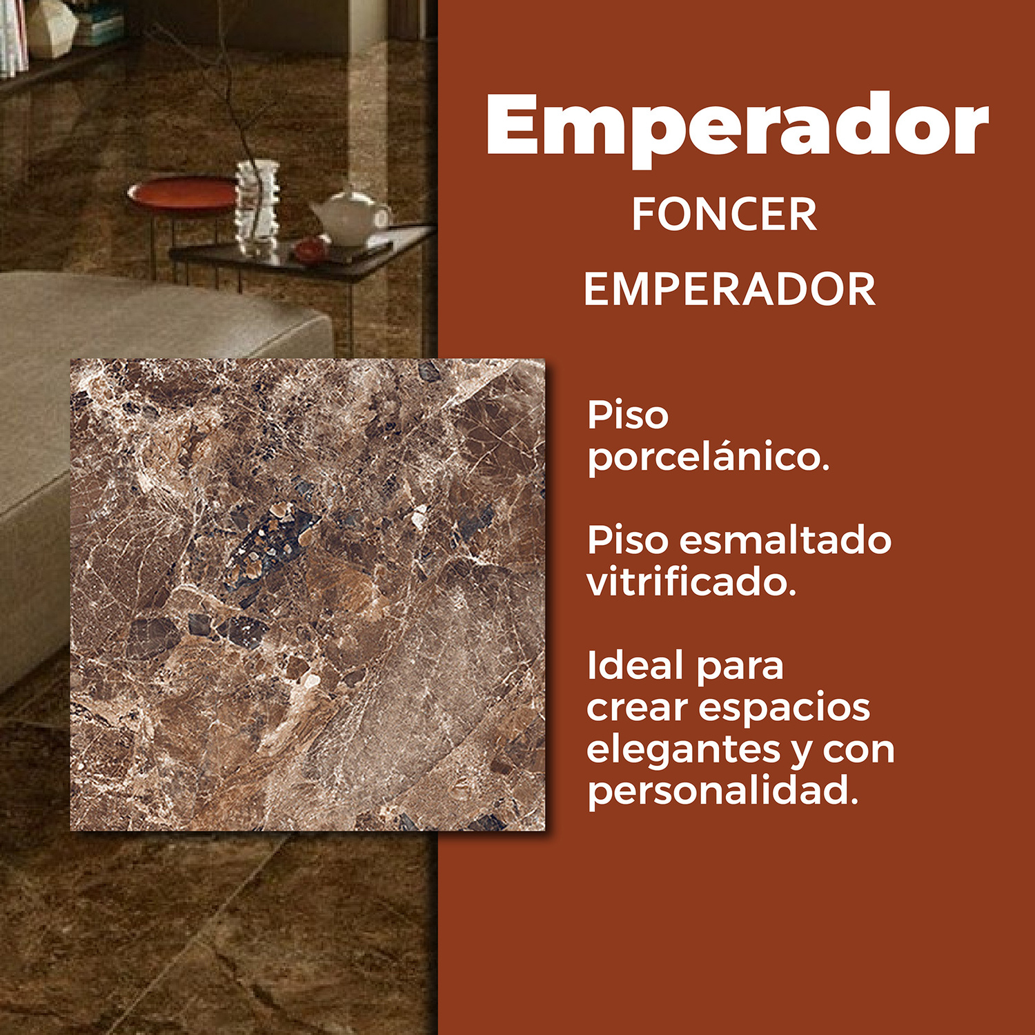 Piso Emperador Foncer Vitrificado 60 x 60 cm
