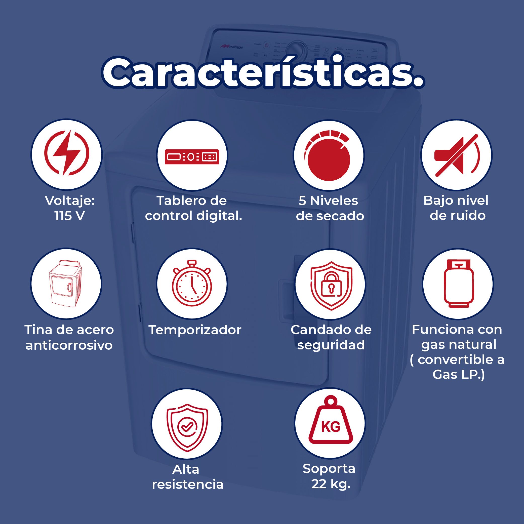 Secadora Digital Automática Mirage 22 Kg Para Gas Natural o LP