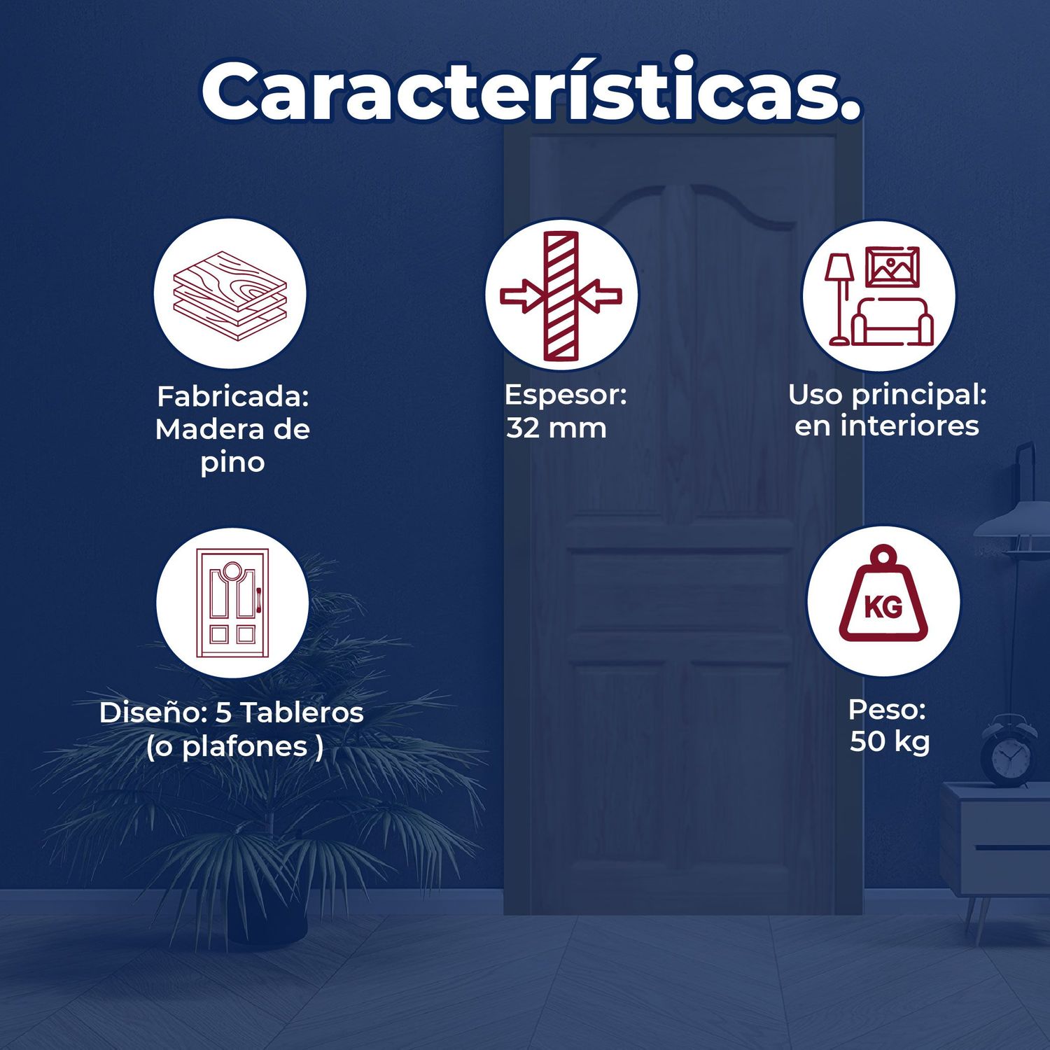 Puerta de Madera Pino Rústico Interior 91 x 213 cm 5 Tableros