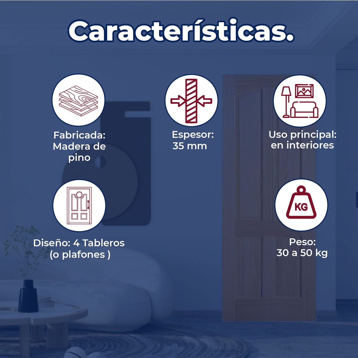 Puerta Madera Rústica Pino 91 x 213 cm para Interior 4 Tableros