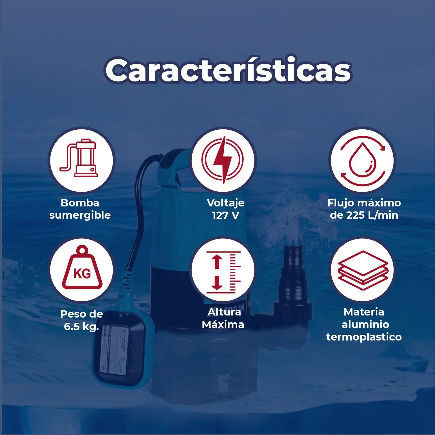 Bomba Sumergible 1HP agua limpia y turbia 127 V