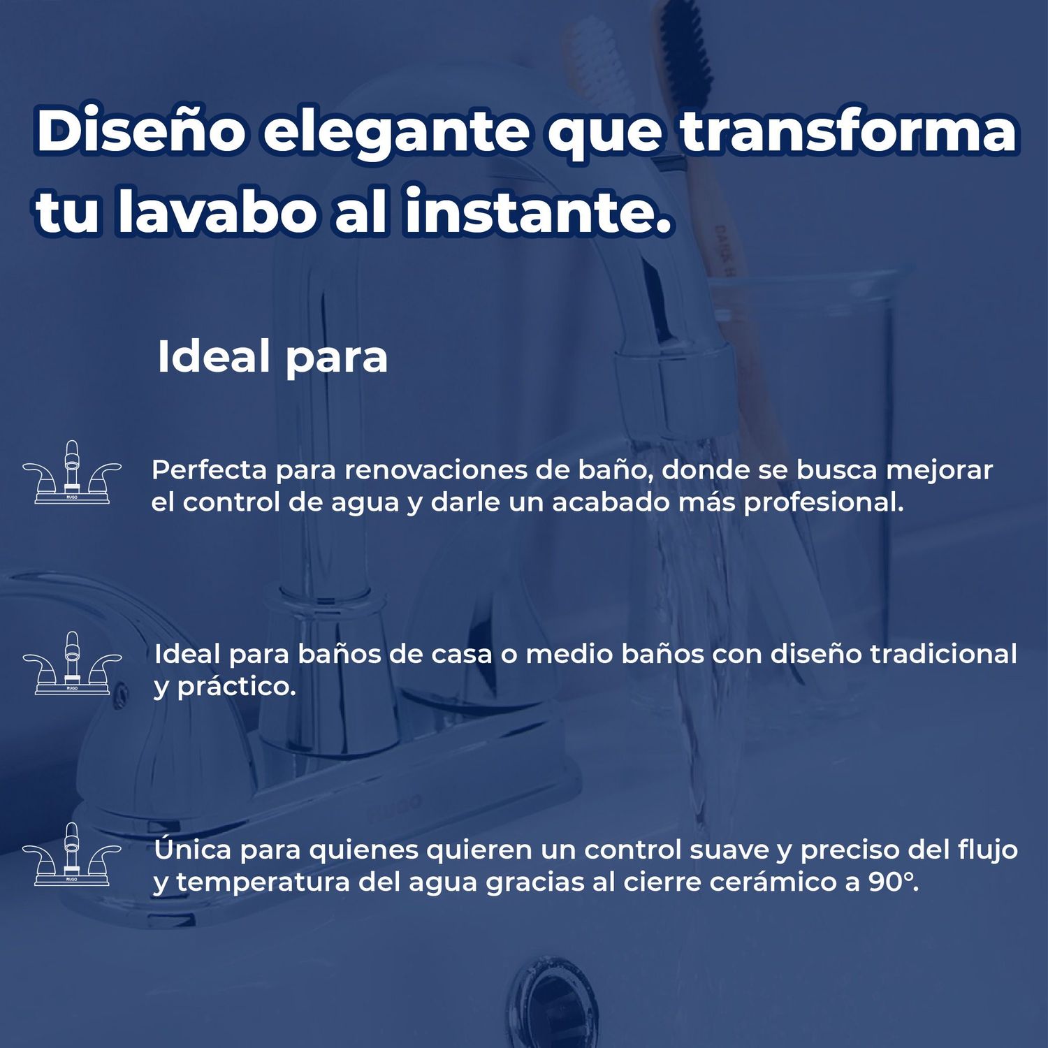 Llave Mezcladora para Lavabo 4” cierre 90° Rugo Maneral Géminis