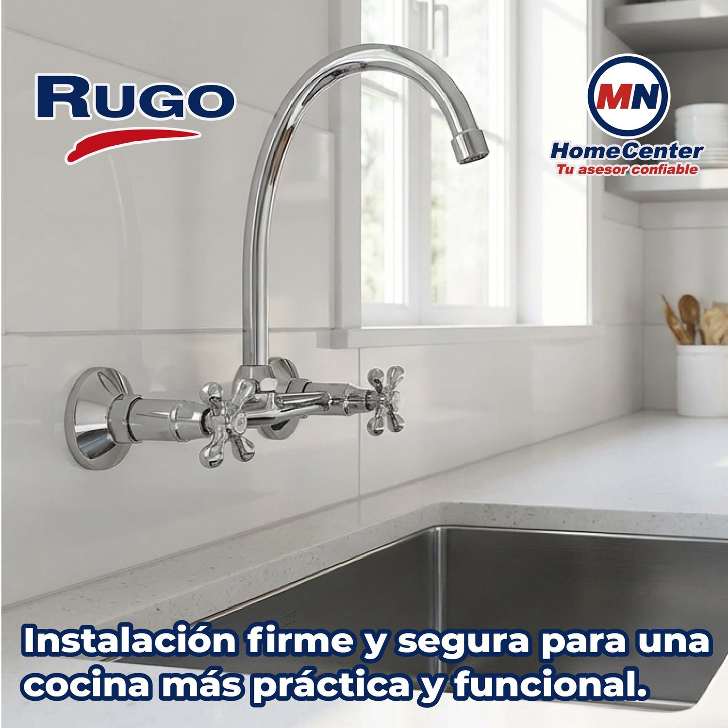 Llave Mezcladora 8" a Pared Para Fregadero Rugo Maneral Cruceta