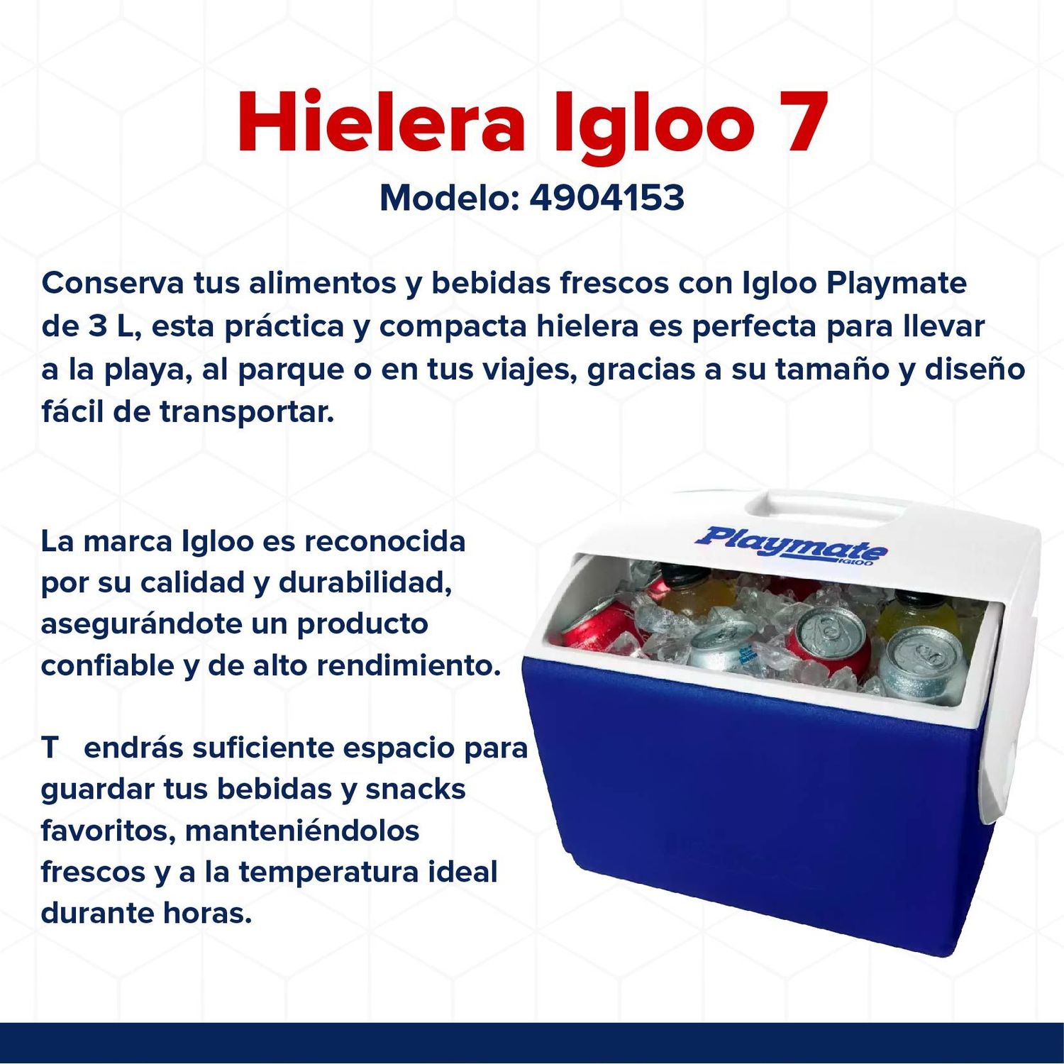 Hielera playmate Pal Igloo 7 QT 09 latas azul y blanco