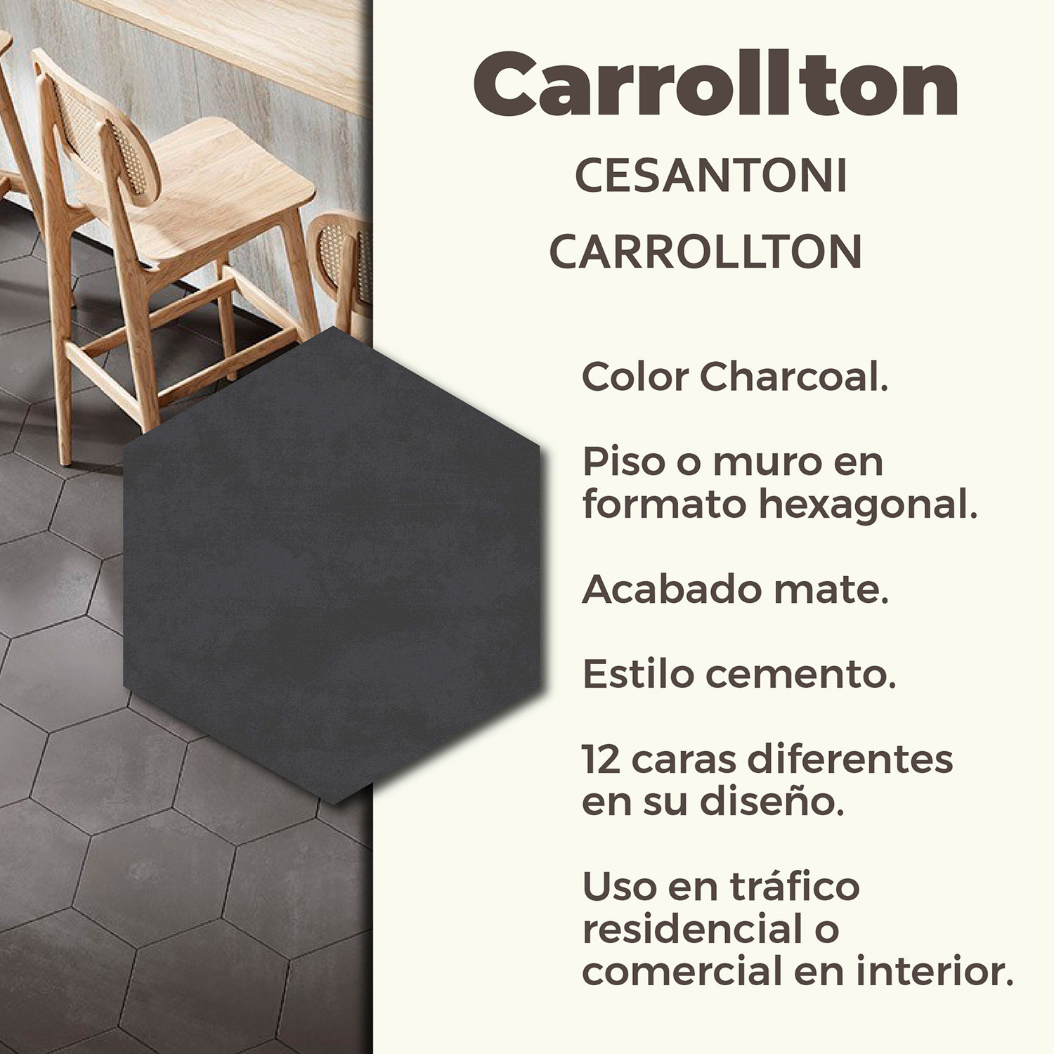 Piso Carrollton Charcoal Cesantoni 23.2x26.6 cm Rectificado
