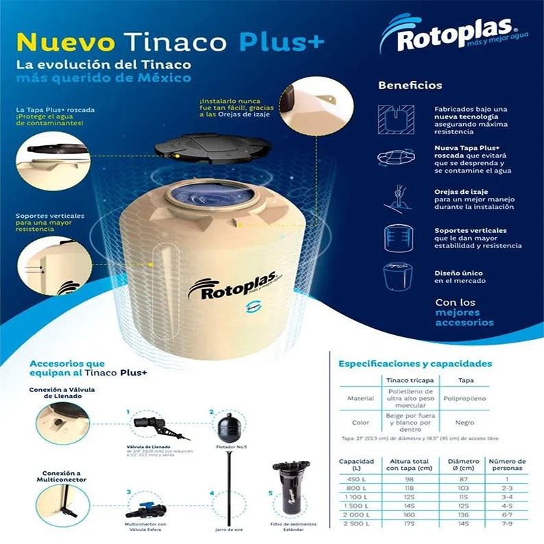 Tinaco Rotoplas Beige 2000 L c/herrajes y Filtro 1.60 X 1.36
