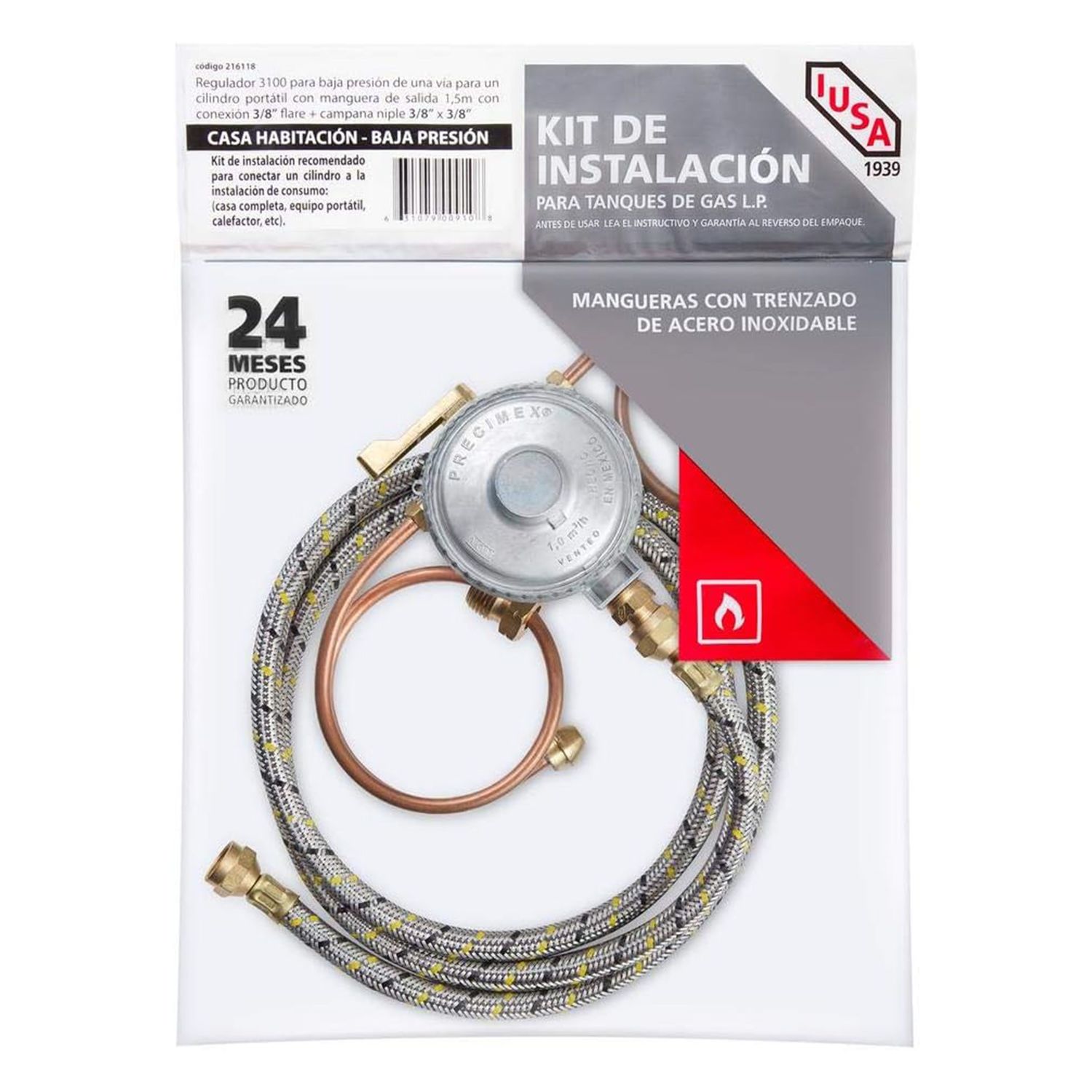 Kit Instalación Cilindro Gas con Regulador, 2m y Conexiones