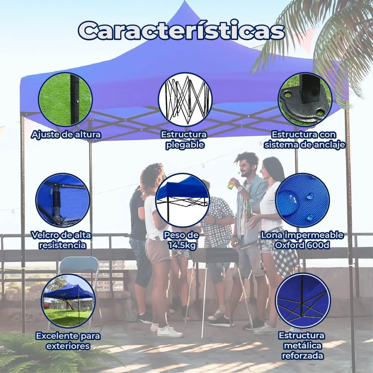 Toldo reforzado 3X3 poliéster y pvc estructura metálica azul