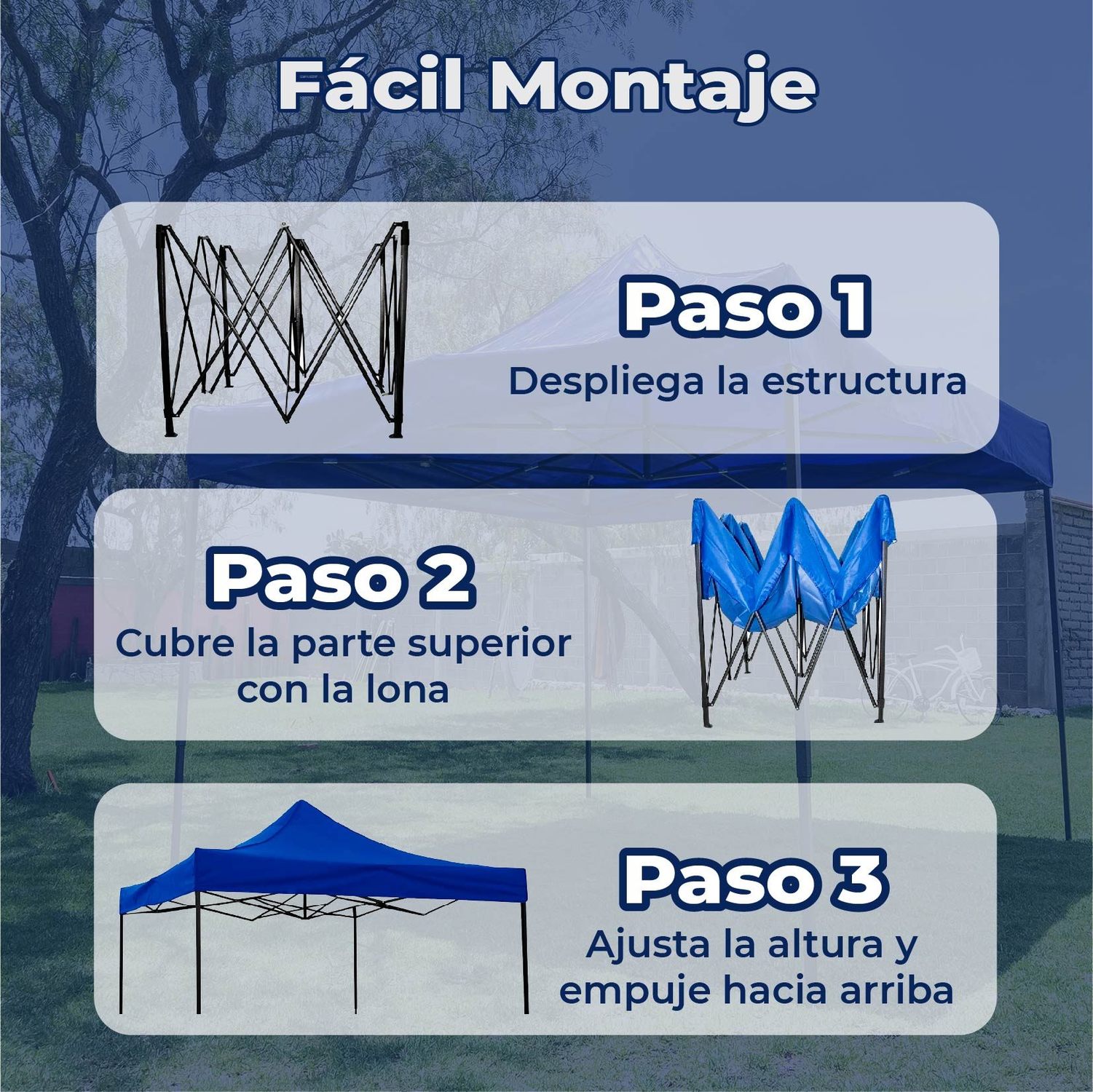 Toldo reforzado 3X3 poliéster y pvc estructura metálica azul